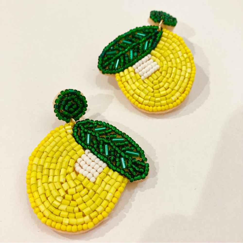 NWT Beaded lemon earrings fruit jewelry yellow green sparkly
